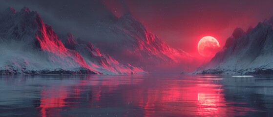 Snowy mountains symmetry, evening red sun