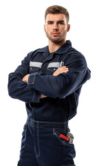 Portrait of a worker in a professional uniform, isolated on transparent background for photomontages