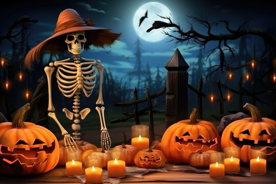 Halloween Party, Background with skeletons and jack o lantern pumpkins