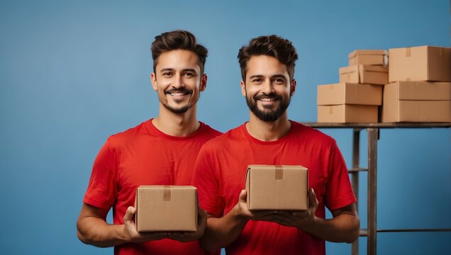 Two men in red T-shirts with boxes in their hands are warehouse workers. 