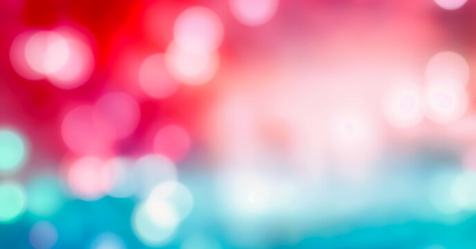 Abstract blur bokeh banner background. Silver bokeh on defocused teal red and coral colors background
