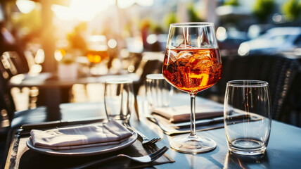 Aperol Spritz cocktail on summer restaurant patio, sunset