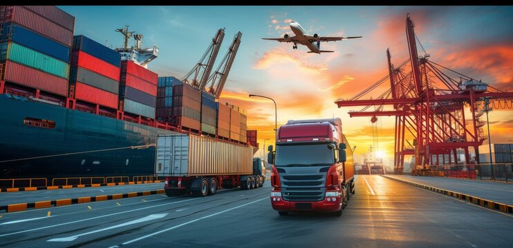 A bustling container terminal scene featuring ships, cargo planes, and trucks, illustrating the seamless integration of various transportation modes in the freight and logistics industry