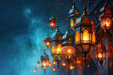 Obraz premium Festive lanterns with burning candles for Ramadan, Islamic Muslim religious event. Dark background with mosques.