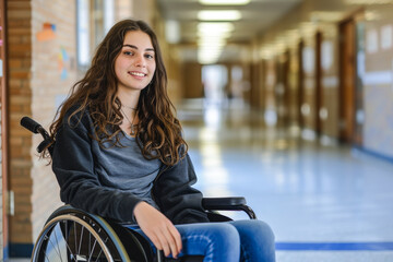 Female student in wheelchair in the school hallway