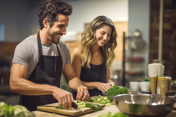 Happy couple cooks vegetarian meal during cooking classes. Man and woman collaborate immersing in art of preparing delightful vegetarian meal