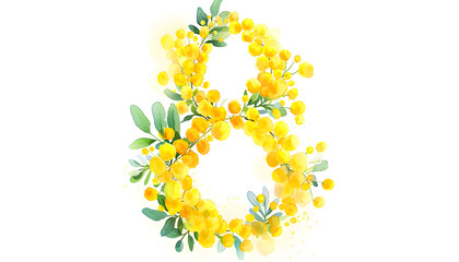 Obraz premium Flat Watercolor Illustration of Number Eight with Mimosa Flowers for Women's Day