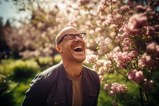 A cheerful balding man in glasses, chuckling while observing children's play in a sunlit park