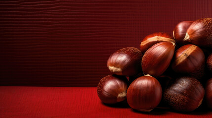 Heap of chestnuts in front of colored background