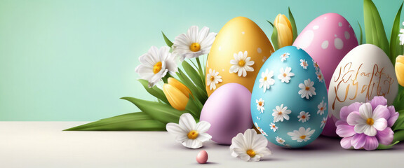 Fototapeta na wymiar easter eggs background and flowers