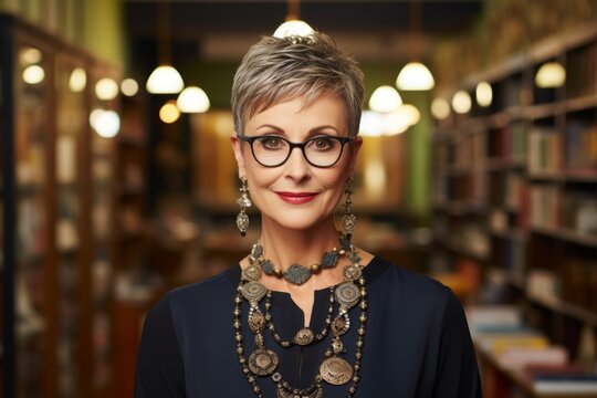 Stylish middle-aged woman with a short pixie haircut, showcasing her colorful brooch in a cozy, old-fashioned bookstore