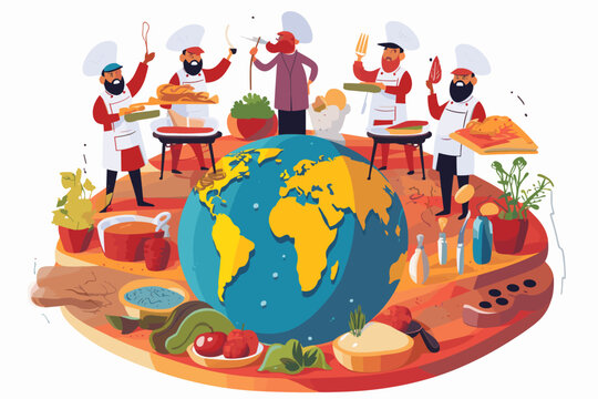 Global Cuisine Delight, World Food and Culture Illustration, Culinary Diversity and Gastronomy Travel Concept, Chefs Presenting International Dishes