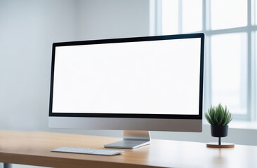 Desk Laptop with blank screen on table of modern office, window light. Minimal. LED computer flat white screen display monitor. Mock up, template for business, technology, internet, design, programmer