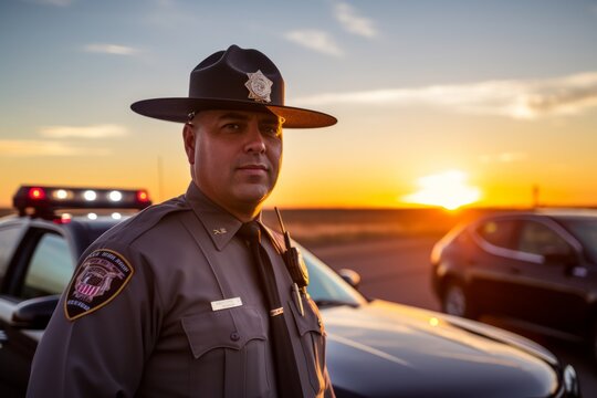 A Highway Patrol Officer in uniform, standing proudly with his patrol car on the open road as the sun sets