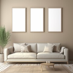 Cozy Living Room With Couch and Three Wall Pictures