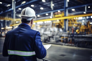 Portrait of a focused Industrial Engineer engrossed in his work amidst the hum of machinery and blueprints