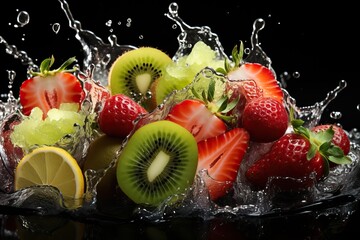 Fruit mix in water, water splashes from fruit falling into water close-up.