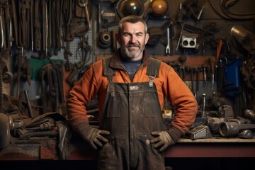 Fototapeta premium Portrait of a dedicated industrial mechanic, his hands marked by work, amidst a sea of tools and machine components in his workshop