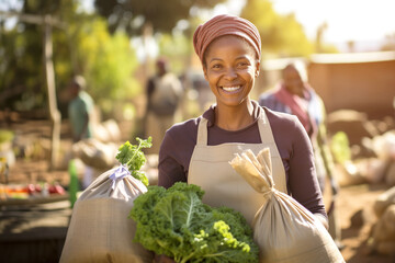 Happy woman proudly demonstrates choice of vegetables on farm market. Black woman shows dedication...