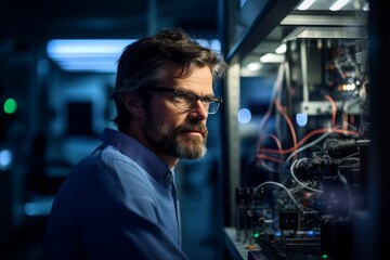 An In-depth Look at a Materials Scientist Engrossed in His Work, Amidst the Complex Equipment of His Lab