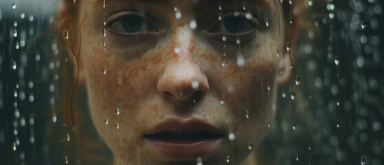 Close-up portrait of a beautiful young woman in the rain