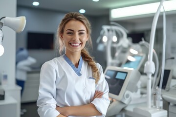 Fototapeta premium Woman in White Lab Coat With Dental Equipment