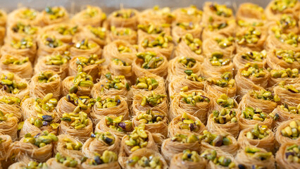Traditional arabic and turkish sweets pastry dessert baklava with pistachio - 723786931