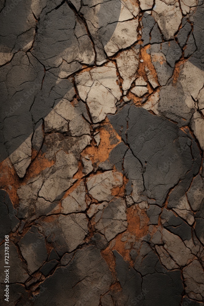 Poster A detailed close-up of a surface with cracks and peeling orange paint. Suitable for various design projects and backgrounds