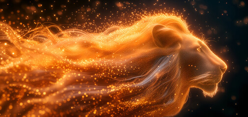 Magical Lion with Orange Glow - Ethereal Wall Art