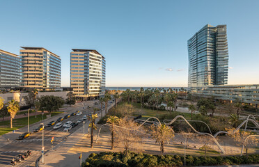 Glass office buildings in Diagonal Mar area in Barcelona