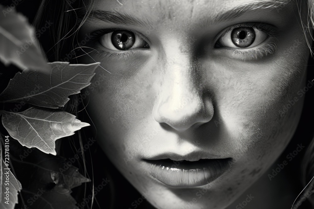 Poster a captivating black and white photo of a woman surrounded by leaves. perfect for adding a touch of n