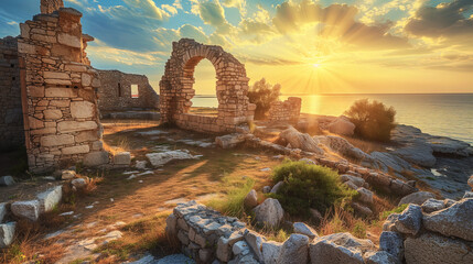 Ancient ruins near the sea at sunset