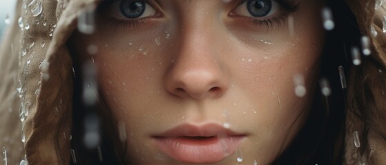 Close-up portrait of a beautiful young woman in the rain