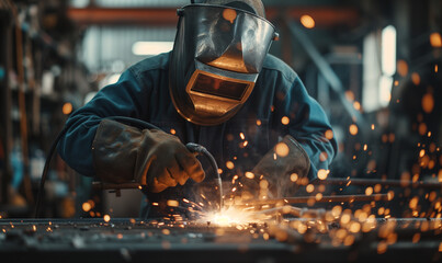 Industrial Welder Working with Intense Sparks in Metal Workshop