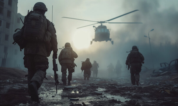 Elite Military Unit in Tactical Operation with Helicopter Support