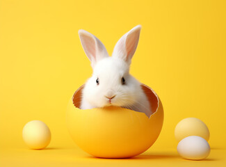 A cute bunny is sitting into a giant yellow egg yellow background