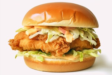 chicken burger with coleslaw on white background