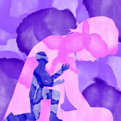 Silhouette of man in prayer pose. Man asking woman to marry or forgive him. Couple relationships. Watercolor painting