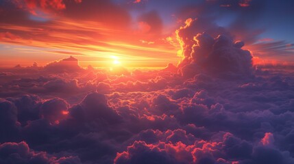 The sun rises majestically above a sea of clouds in a blaze of color.