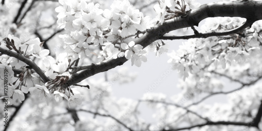 Poster a black and white photo showcasing a tree adorned with beautiful white flowers. this image captures 