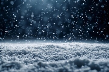 A beautiful winter snow scene with snowflakes falling on a snow covered ground.