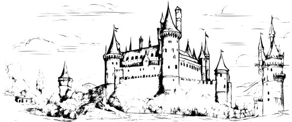 Medieval castle. Vector drawing, sketch