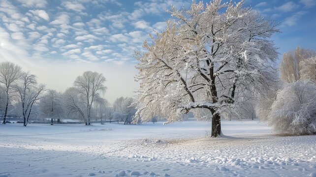 a wonderful picture made by artificial intelligence of a winter and a beautiful landscape with a snowy tree
