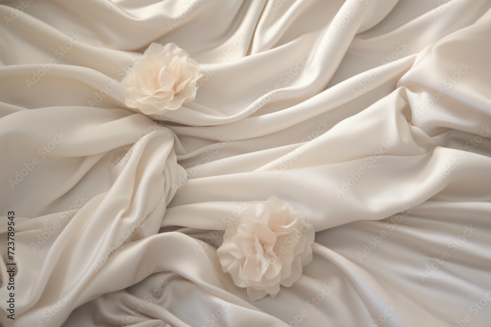 Poster A close up view of a white cloth featuring two delicate flowers. This versatile image can be used to add elegance and beauty to various projects