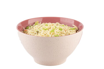 Bowl with freshly prepared instant noodles on a white background.