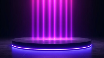  Empty circular stage with purple neon lighting in a dark room.