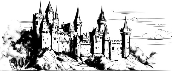 Czech castle sketch illustration. Hand drawn ink landscape with ancient architecture in Europe. Building graphic vector.