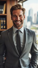 Fototapeta premium A handsome young professional man in a suit standing in an office smiling at the camera