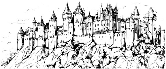 and drawn engraved medieval castle, isolated on white background. Unique detailed drawing of old tower for book, poster, web.