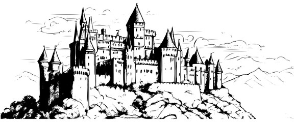 and drawn engraved medieval castle, isolated on white background. Unique detailed drawing of old tower for book, poster, web.